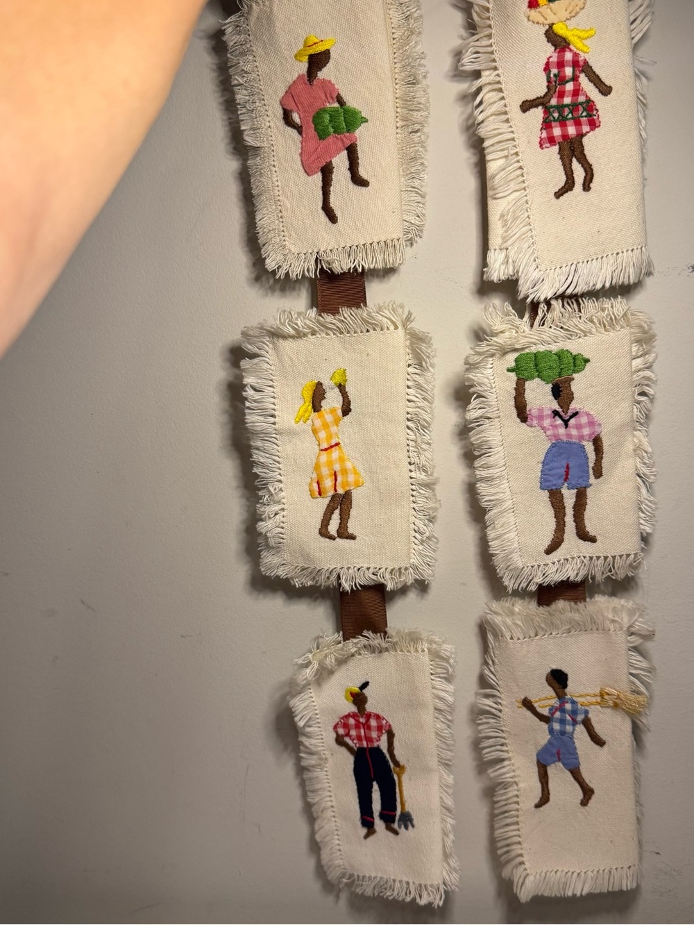 Handmade Embroidered Napkins Made In Jamaica, Sewn Together As A Wall Hanging